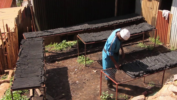 A worker at one of the charcoal briquette drying parchment at the County 019 Youth Group site in King'ong'o, Nyeri county