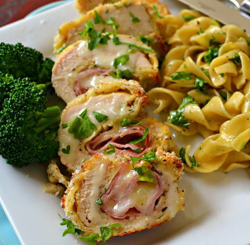 Crispy baked Panko breaded chicken breasts stuffed with Swiss Cheese and ham.