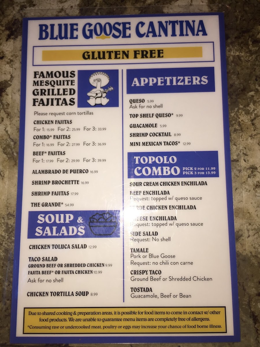 Here’s their gluten free menu as of 2/2019