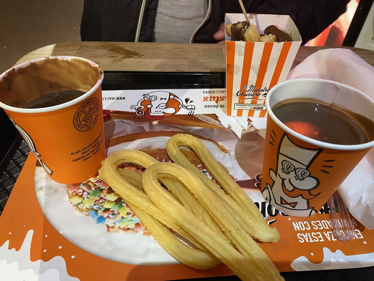 I had the gluten free churros which come plain. I had the hot chocolate as well , but it’s thick hot chocolate. It’s still good and you can dip your plane churros in it.