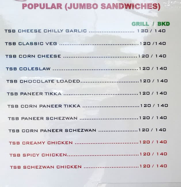 The Sandwich Bar menu 