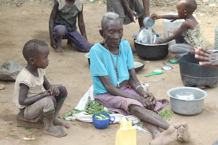 90-year old Turkana Mary Naukot with her grandchildren at Kampi Turkana IDP camp in Marigat, Baringo South subounty on March 10.