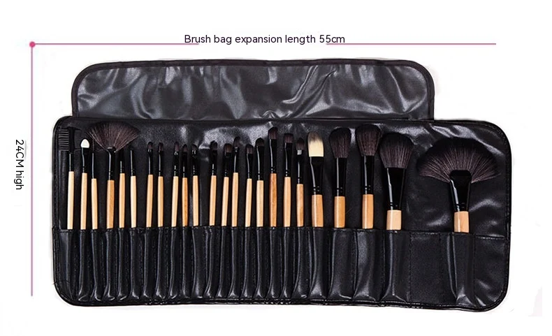 Kit completo de 24 pincéis de maquiagem com cerdas de pelo de cavalo e cabo de madeira preta, para um acabamento impecável.