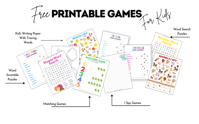 A display of printable games for kids.