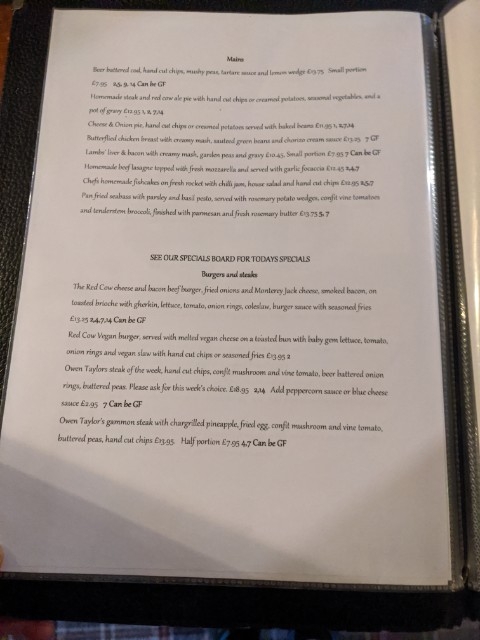 The Red Cow gluten-free menu