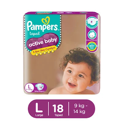 Pampers Active Baby Taped Diapers, Large Size Diapers, (LG) Taped Style Custom Fit 18 Pc