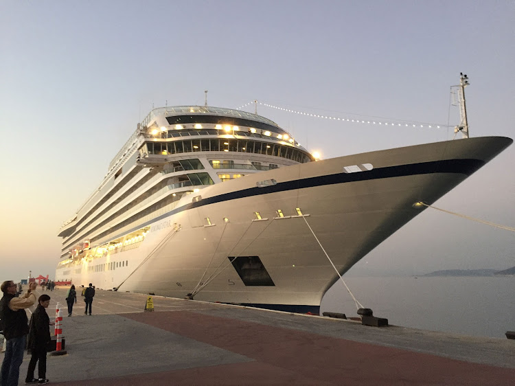 Viking Star at dusk, docked in Kusadasi, Turkey. 