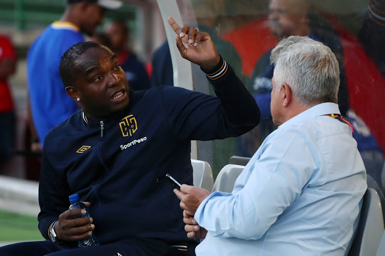 Benni McCarthy, head coach of Cape Town City (l) and John Comitis, Cape Town City Chairman (r) during the Absa Premiership 2017/18 football match between Cape Town City FC and Mamelodi Sundowns at Athlone Stadium, Cape Town on 2 February 2018.