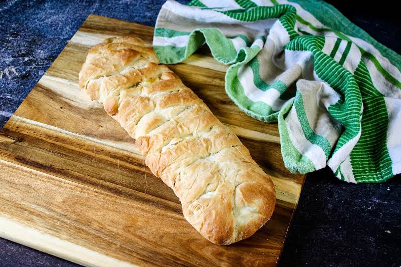 Beef & Green Chile Braided Loaf Ready To Be Sliced.