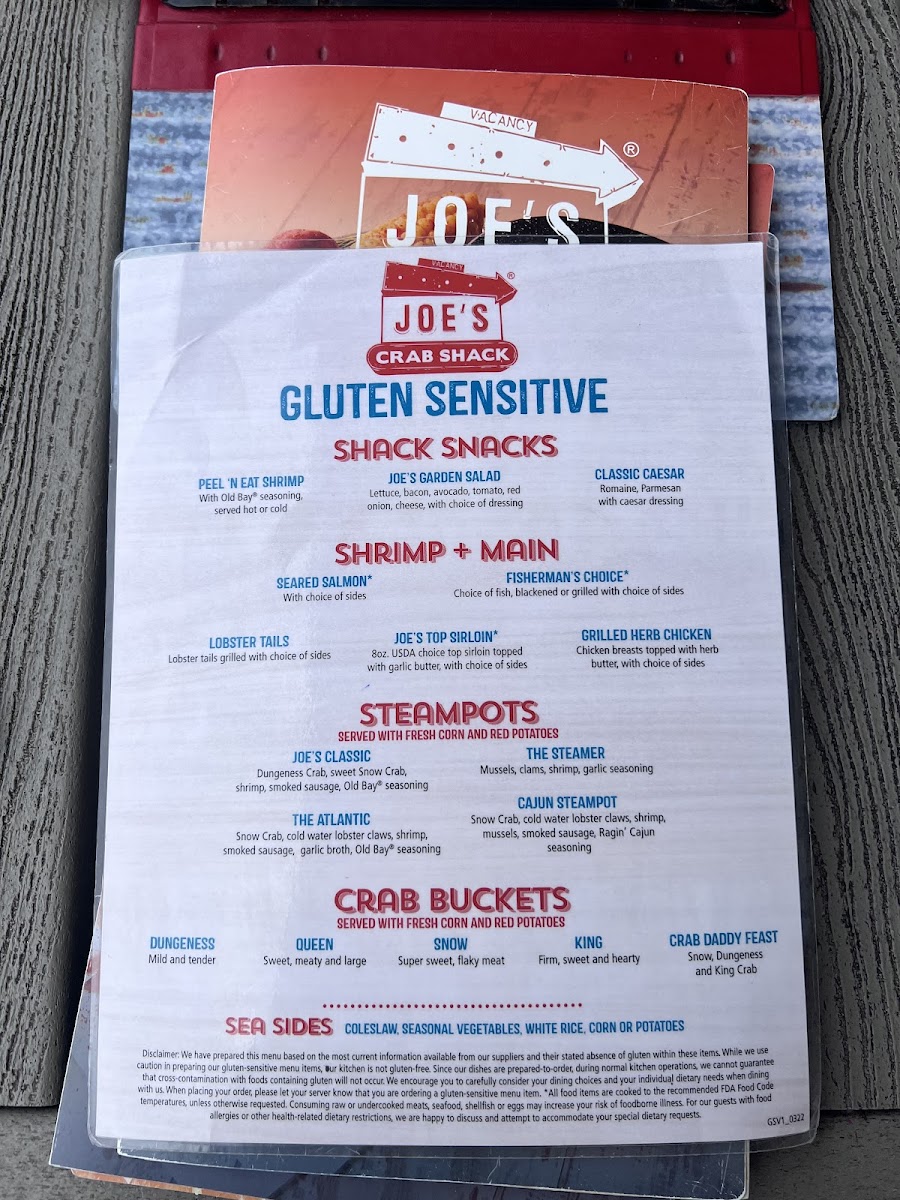 Joe's Crab Shack gluten-free menu