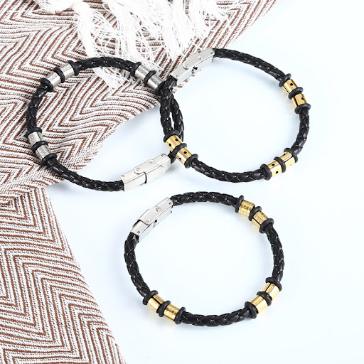 Title 2, Stainless Steel Woven Leather String Couple Bra...