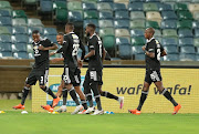 Thembinkosi Lorch of Orlando Pirates celebrates his goal with teammates during the MTN8 final between Bloemfontein Celtic and Pirates at Moses Mabhida Stadium on December 12 2020 in Durban. 