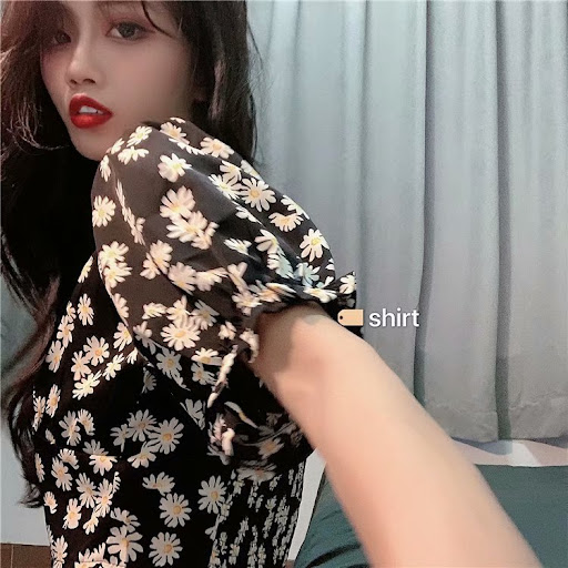 Title 3, High waist small daisy V-neck shirt dress net r...