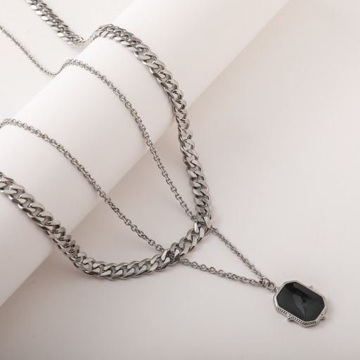 Title 3, Mens Stainless Steel Double Layer Necklace Mod...