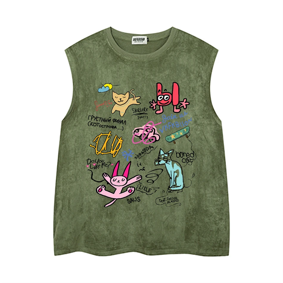 Camiseta sin mangas para hombre con estampado de grafiti pintado a mano, estilo urbano y moderno, ideal para verano, cómoda y original.