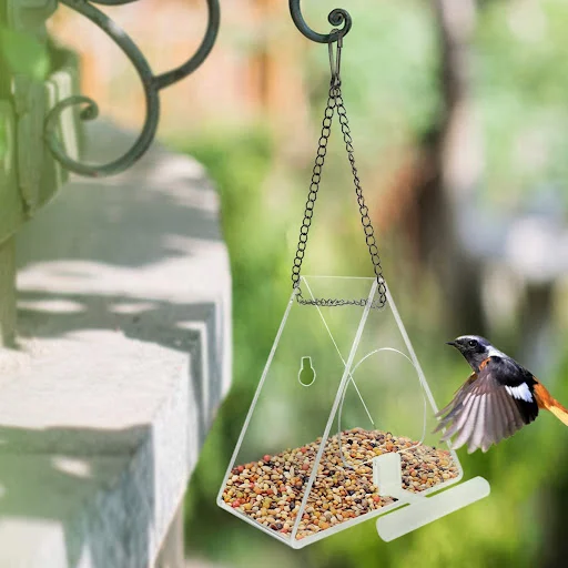 Triangle Transparent Bird Feeder Acrylic Metal Waterproof Hanging Birds Food Container for Indoor Outdoor decor
