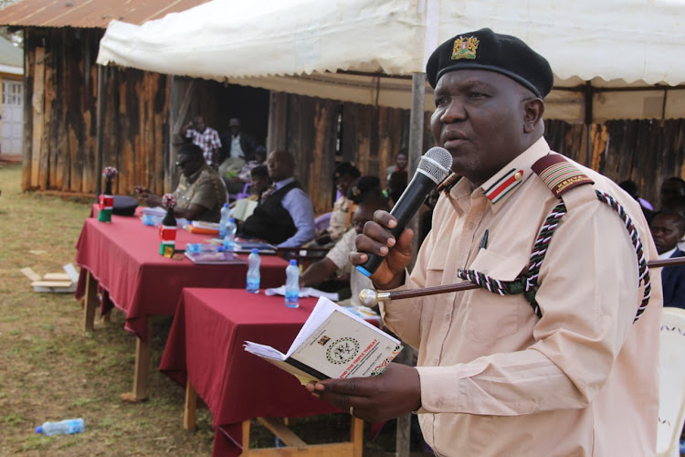 Uasin Gishu county commissioner Edison Nyale addressing students in Moi's Bridge on February 8, 2023