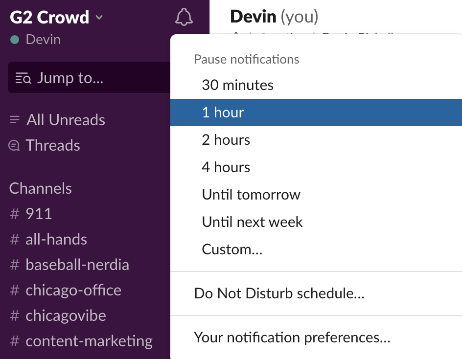 Screenshot from Slack with Do Not Disturb mode