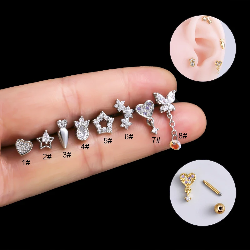 Pendientes de circonita con tornillo de doble cabeza de acero inoxidable, varilla fina para el cartílago de la oreja. Diseño hipoalergénico.