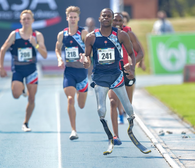 Ntando Mahlangu (T61) winning the men's 800m race during day one of the ASA Senior Track and Field National Championships at Tuks Athletics Stadium on April 15 2021 in Pretoria.