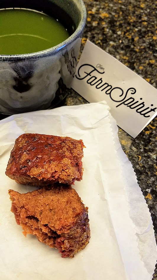 Farm Spirit 7:45 PM seating on December 16th dinner: at the end of the dinner they gift you a little bread that you can enjoy the next morning, this one is Beet Fennel that I had the next morning with green tea