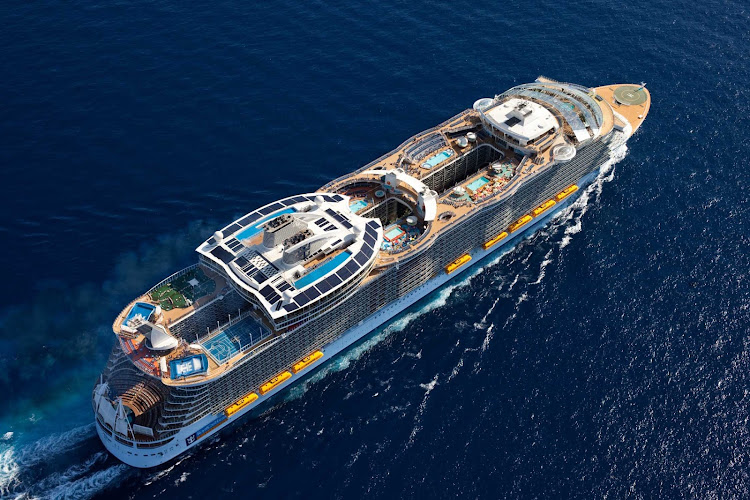 An aerial of the 5,518-passenger Symphony of the Seas, the world's largest cruise ship.