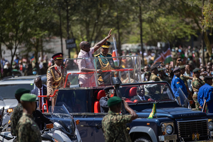 President William Ruto arriving for an NYS pass-out parade at Gilgil, Nakuru County on December 8, 2023.