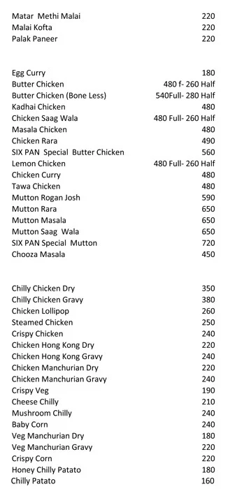 Six Pan menu 