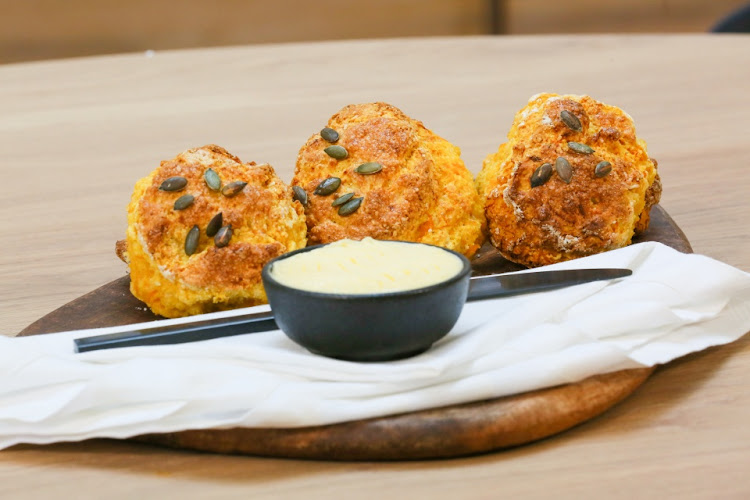 Butternut Parmesan scones with homemade butter.