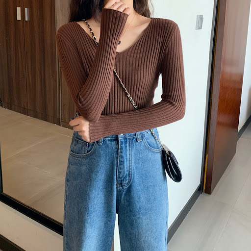 Title 3, Soft Core-spun Yarn V-neck All-match Bottoming ...
