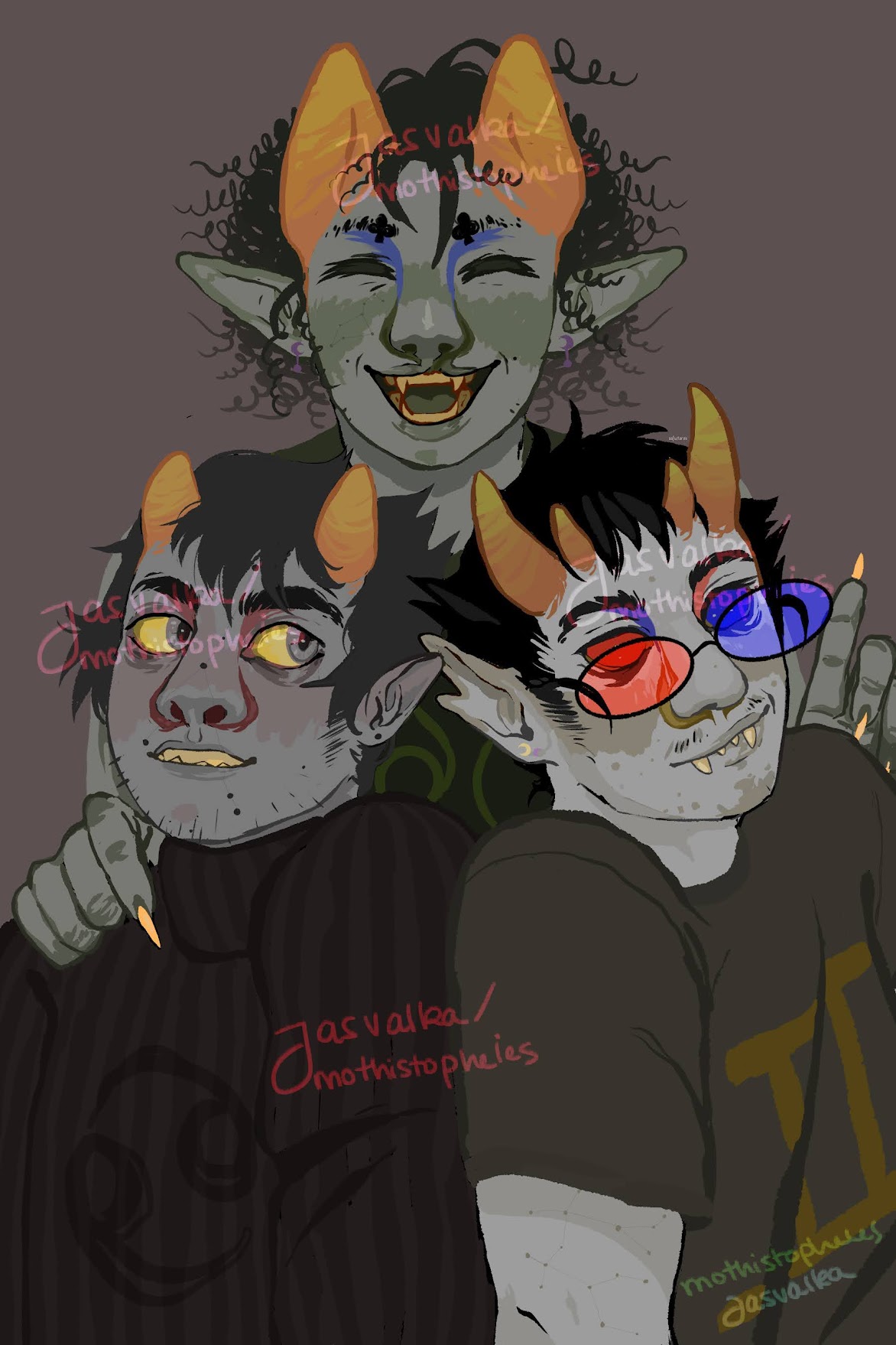 A digital painting of Nepeta Leijon, Karkat Vantas, and Sollux Captor from Homestuck. Nepeta stands behind Karkat and Sollux, and appears to be pushing them together. Nepeta has grey-green skin, two triangle-shaped orange horns, and large, pointed ears. She has a cleft lip, and is laughing. Her eyebrows are shaped like the card suit of clubs. Her hair is short and very curly. Karkat is on the left of the piece and is wearing a dark striped turtleneck sweater. He has grey-red skin, grey irises, and two small orange horns. He has short, wavy grey hair. He is smiling and looking at Sollux. Sollux is on the right of the piece and is wearing a grey-yellow t-shirt. He has grey-yellow skin, acne, moles, and four orange horns. One of his eyes is red, and the other is blue. His glasses are tinted to match his eyes. He is smiling.