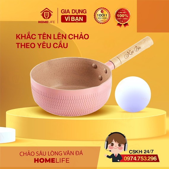 Chảo Chống Dính Bếp Từ Homelife Tay Cầm Gỗ Khắc Tên Chảo Đá Sâu Lòng Chống Dính Quánh 18Cm Dùng Được Cho Các Bếp