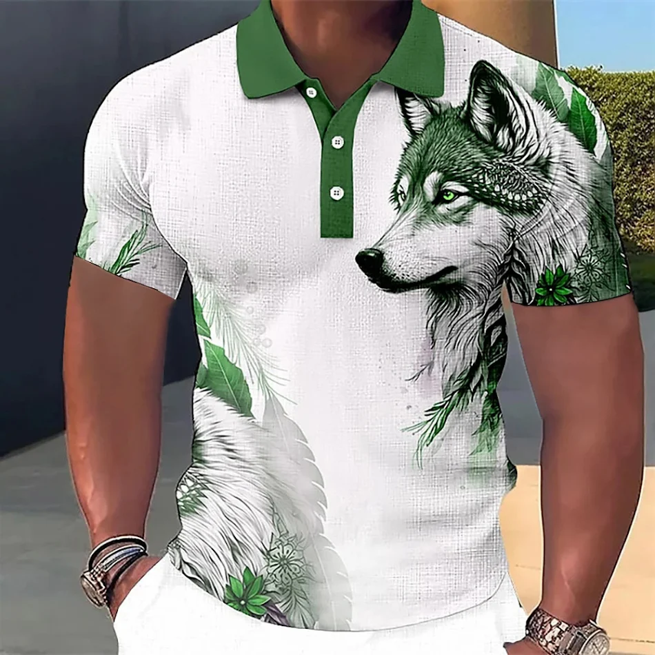 Camiseta Polo Masculina 3D Lobo Manga Curta Casual Hip-hop Respirável, Estilo Streetwear, Confortável e Moderno.