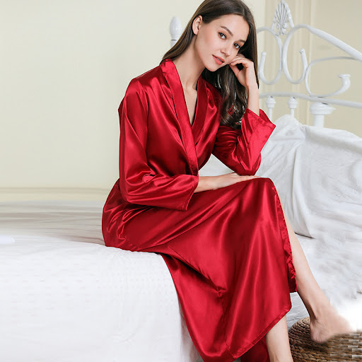 Title 6, Faux Silk Lapel Long Nightgown Sexy Lace-up Paj...