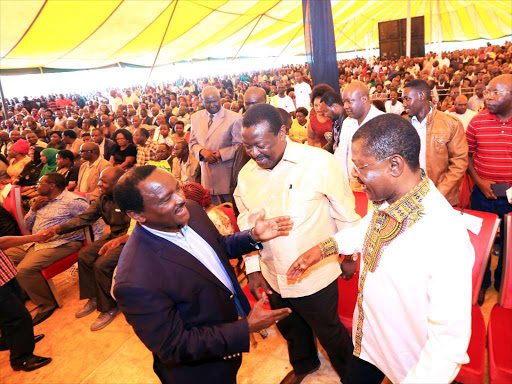 Wiper leader Kalonzo Musyoka with ANC's Musalia Mudavadi and Ford Kenya's Moses Wetangula during the homecoming ceremony of Kiminini MP Chris Wamalwa.