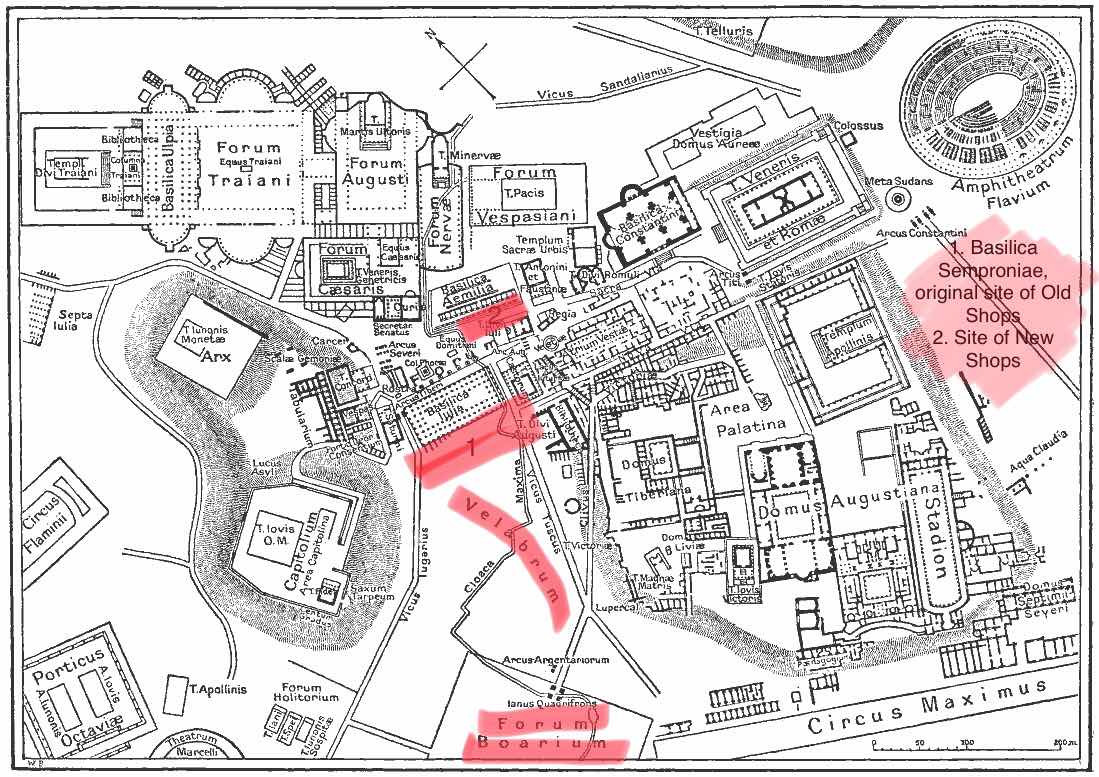 Map of ancient Rome showing Forum Boarium and Forum Romanum with butcher shop sites added