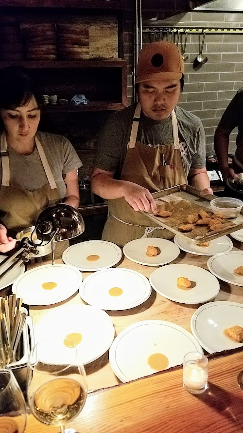 Langbaan PDX Chefs Who Inspire Dinner with Justin Woodward, Second course of Sweetbread, beef tendon, little gems, black lime