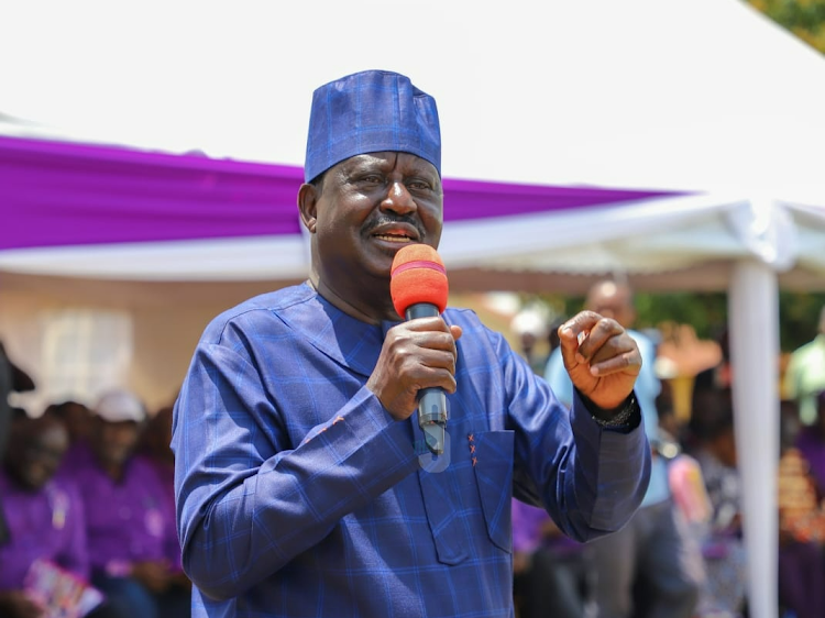 Azimio leader Raila Odinga addresses mourners during the funeral service of the late former Cotu chairman Rajab Mwondi in Vihiga county on Saturday, September 2, 2023.