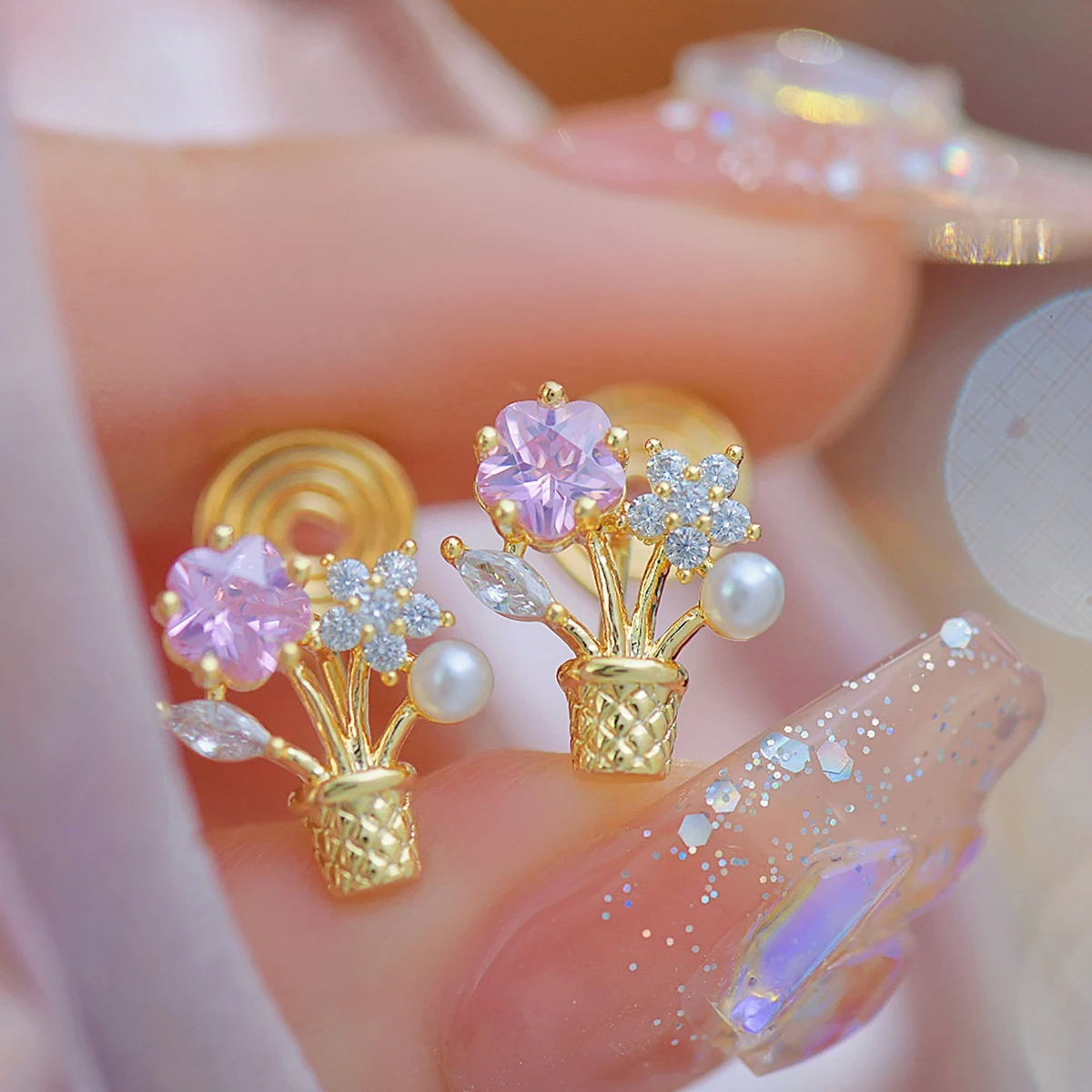 Title 6, Flower Zircon Potted Bouquet Ear Studs, No Pier...