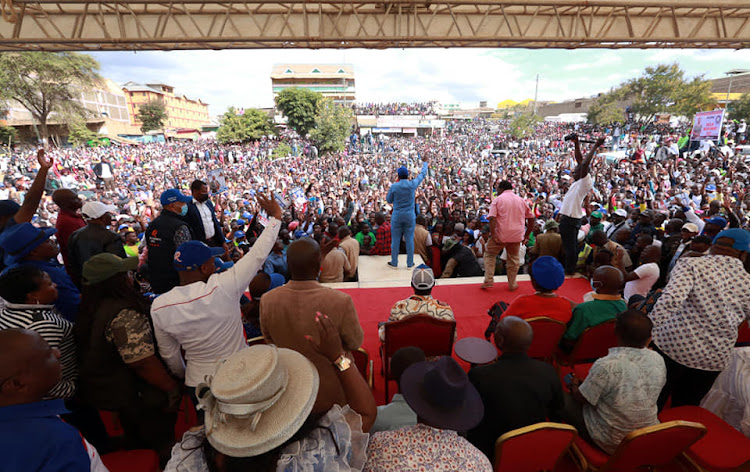 Wiper leader Kalonzo Musyoka addressing the crowd at Machakos County during the Azimio campaigns on June 12,2022