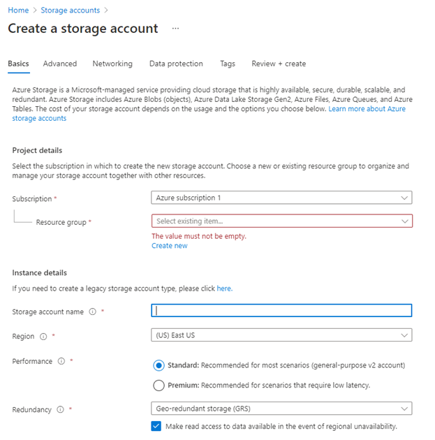 create a storage account in azure blob storage