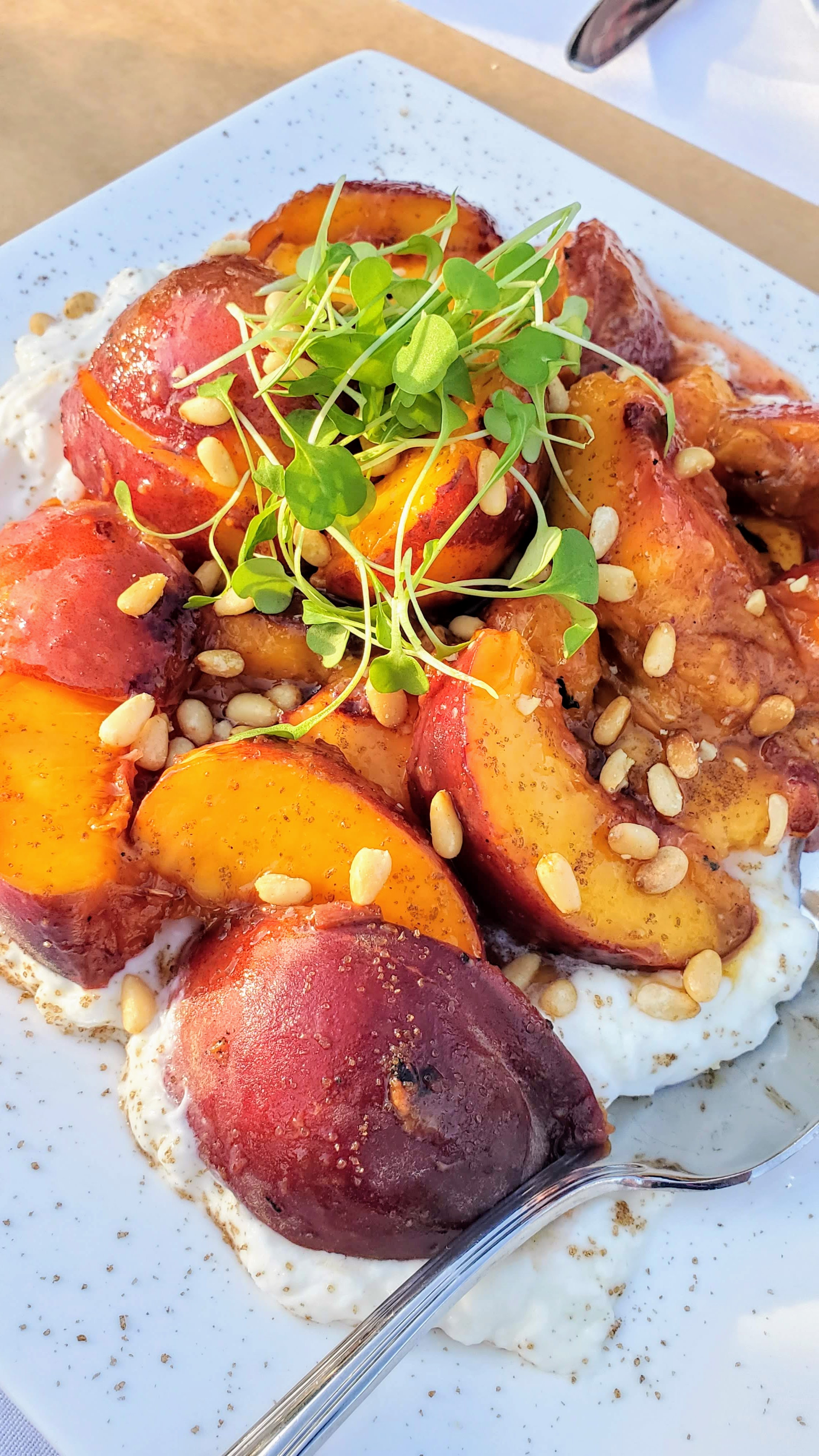 Dining in the vineyards with Field and Vine Dinners: Elk Cove and TMK Creamery Dinner - Grilled Peaches with burrata, shaved jalapeno, bourbon gastrique, smoked salt, and pine nuts