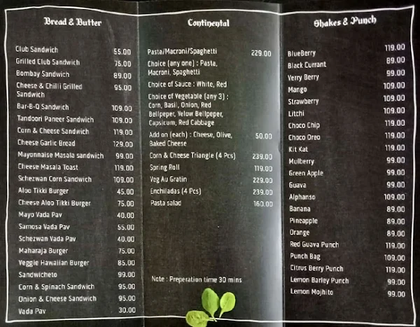 Snacks & More menu 