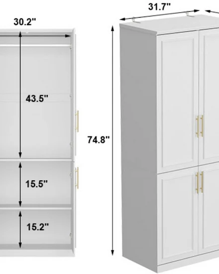 White and Gold Large Armoire Wardrobe Closet System with... - 2