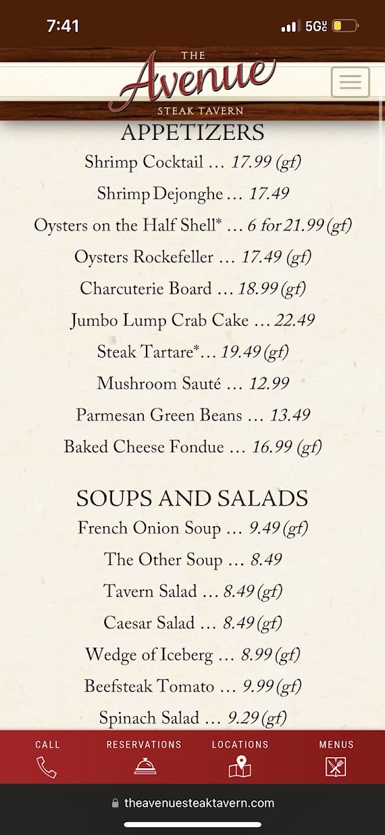 The Avenue Steak Tavern gluten-free menu