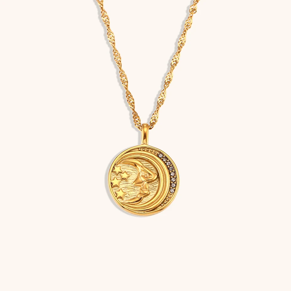 Italiaanse dubbelzijdige Maan-Planeet munt ketting. Draag de mystiek van het heelal met dit unieke, stijlvolle sieraad. Perfect cadeau.