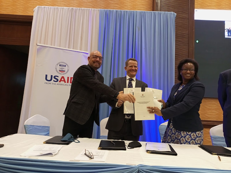 Health CS Susan Mochache signs a Memorandum of Understanding with partners from USAID and the Bill and Melinda Gates Foundation to ensure sustainable financing mechanism for the procurement of Family Planning Commodities at a Nairobi Hotel on November 15, 2021