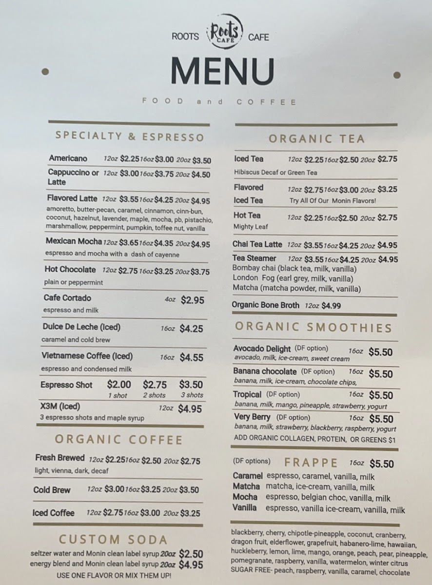 Roots Cafe gluten-free menu