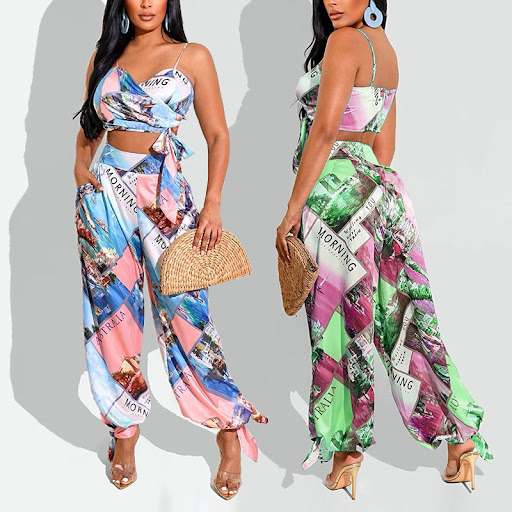 Title 5, Womens Printed Chest Wrap Harem Pants Suit