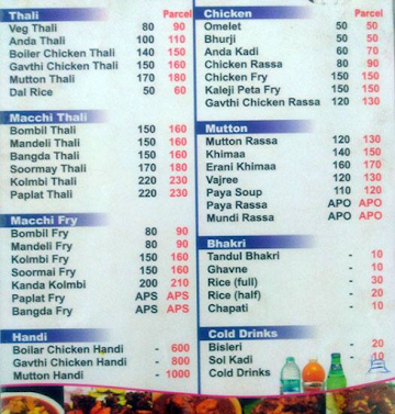 Hotel Aagari Katta menu 